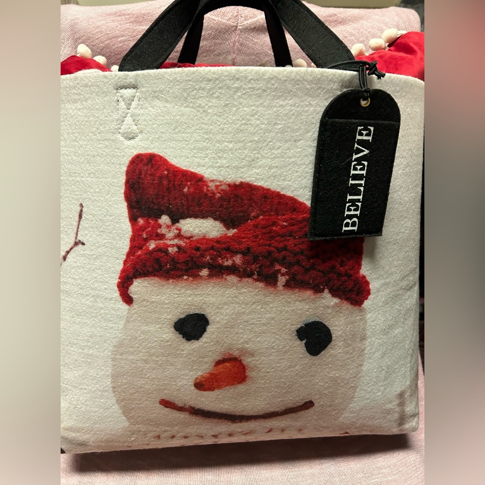 Christmas red velvet pillow with snowman tote bag.